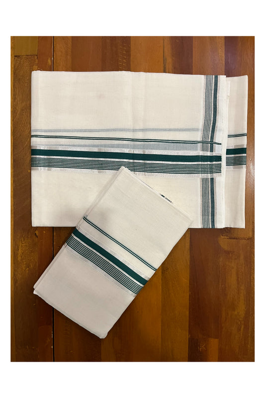 Pure Cotton Handloom Premium Kasavu Set Mundu (Mundum Neriyathum) with Green and Silver Kasavu Border