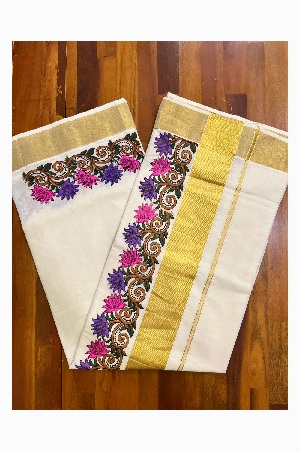 Pure Cotton Kerala Kasavu Saree with Violet And Pink Floral Block Prints with Kasavu Border (Vishu 2024 Collection)