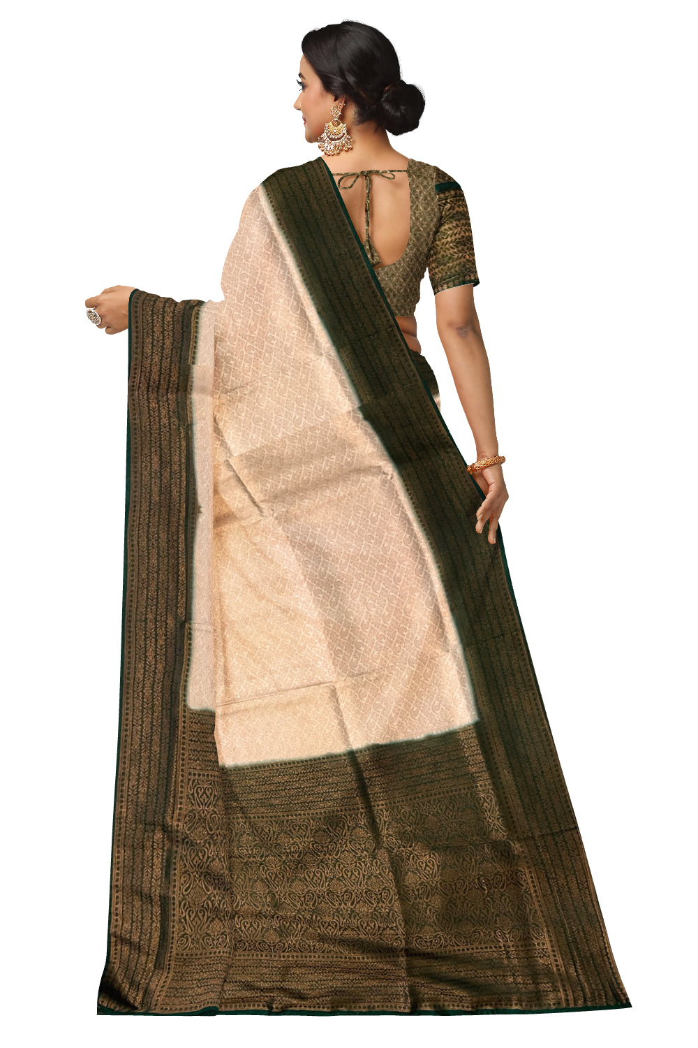 Southloom Soft Silk Beige Designer Saree with Dark Green Border