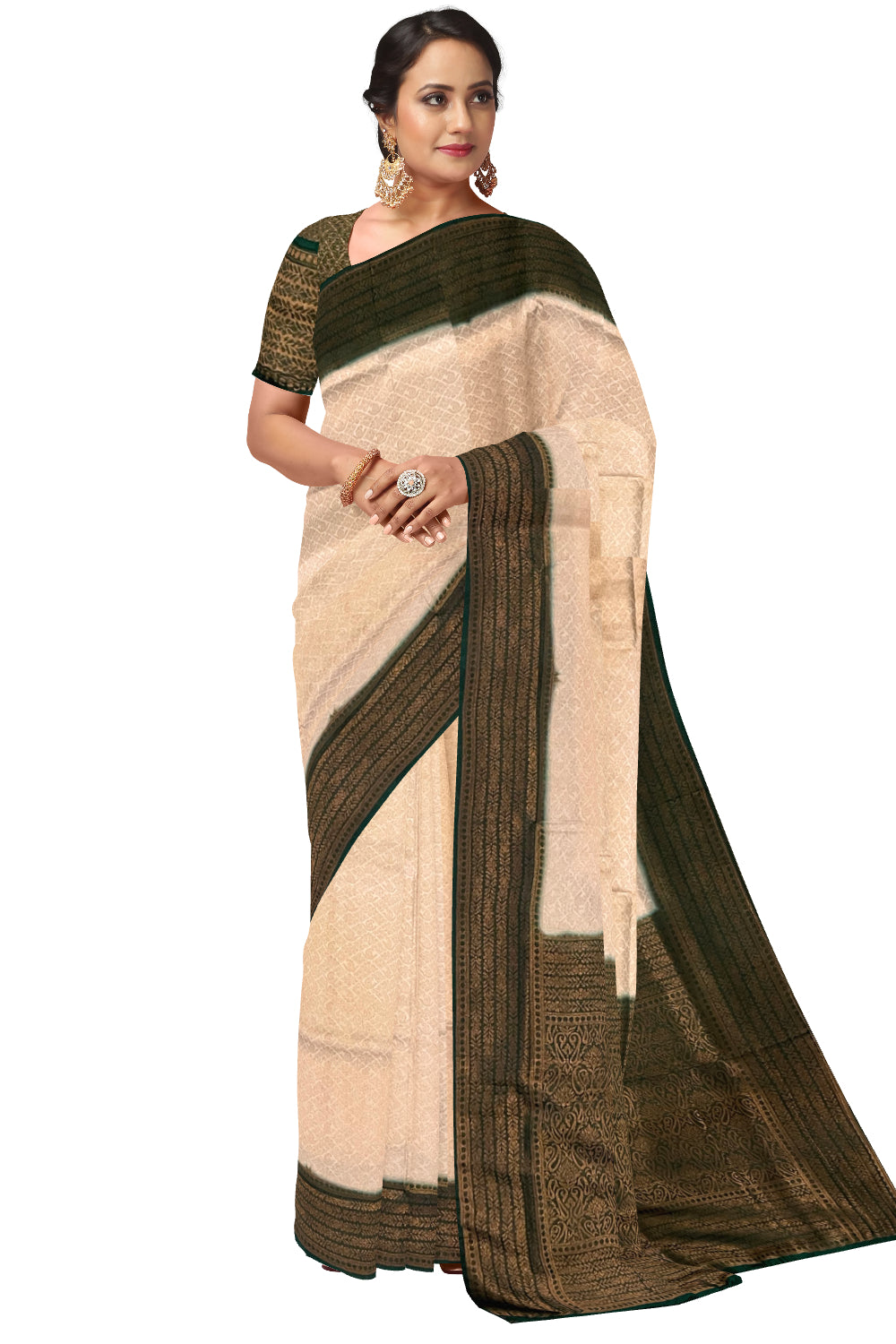 Southloom Soft Silk Beige Designer Saree with Dark Green Border