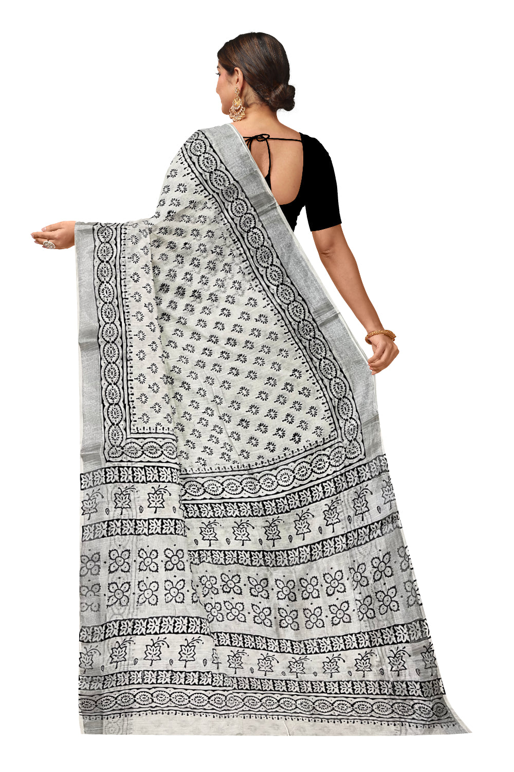 Southloom Linen Pure White Designer Saree with Floral Prints