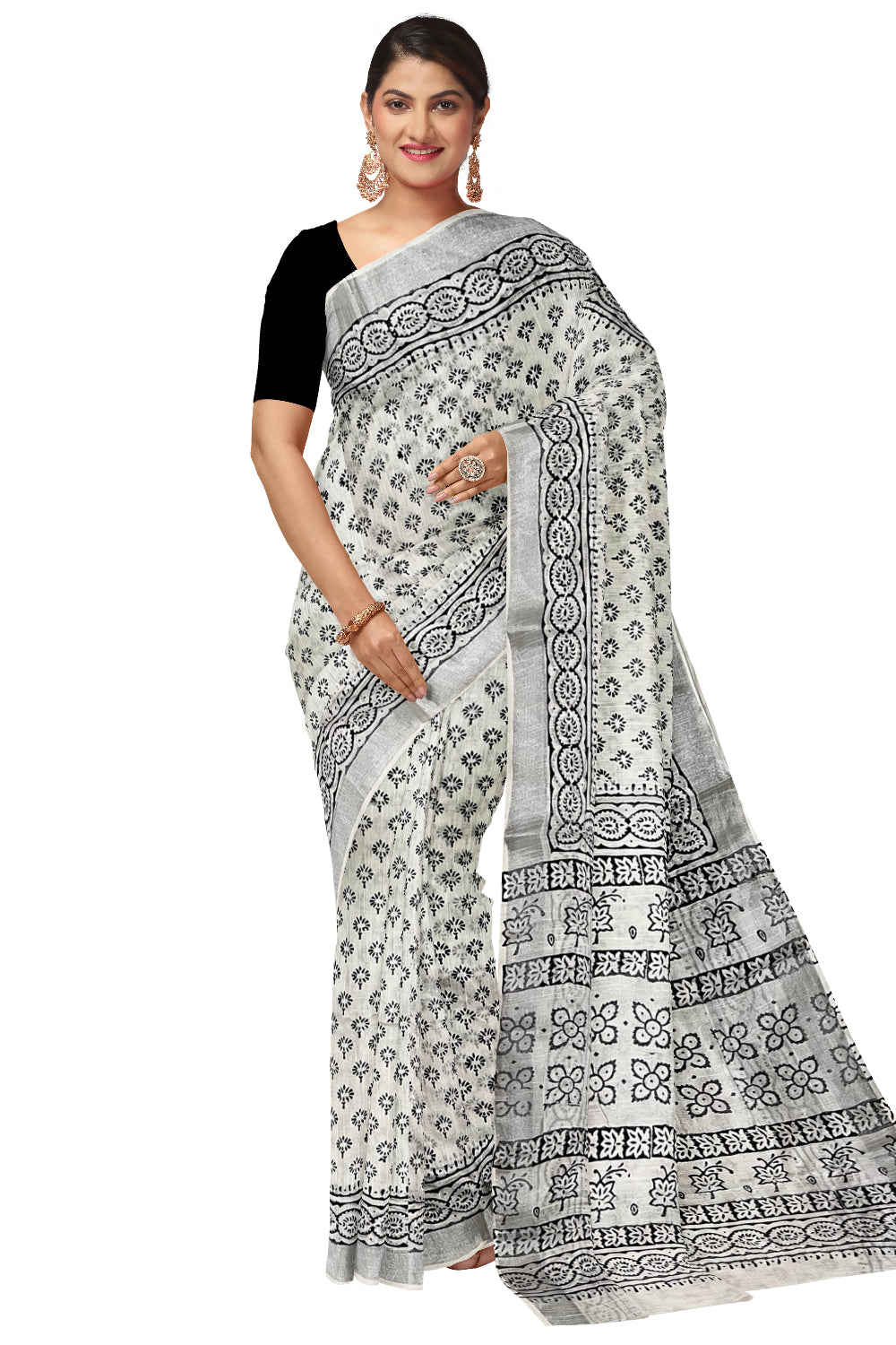 Southloom Linen Pure White Designer Saree with Floral Prints