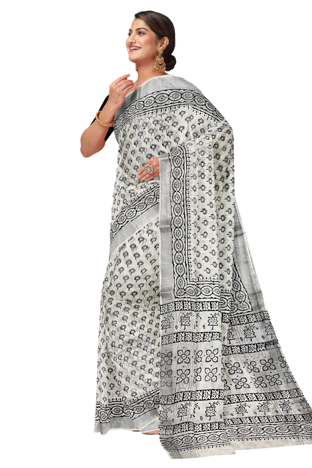 Southloom Linen Pure White Designer Saree with Floral Prints