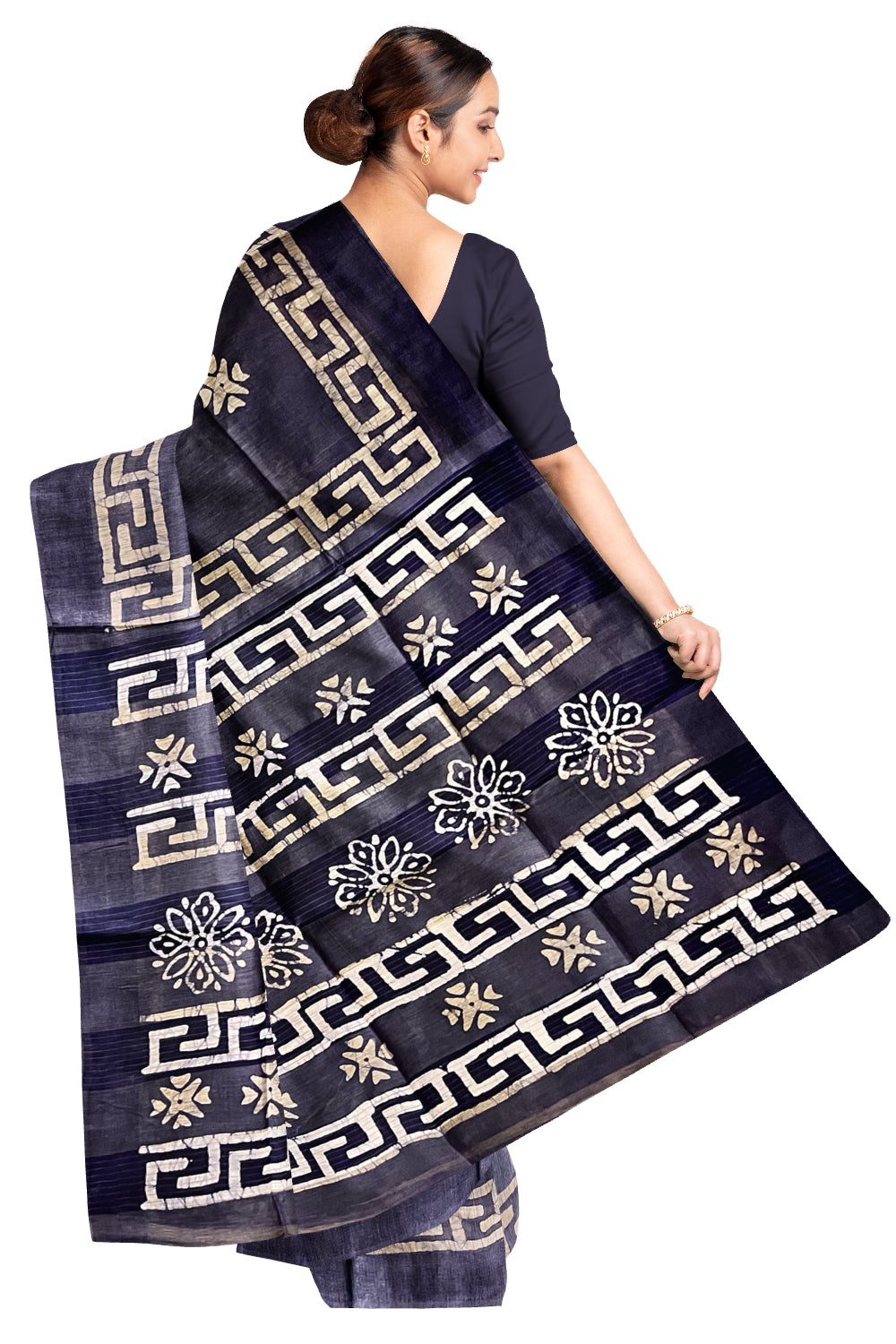 Southloom Cotton Navy Blue Saree with Baswara Prints on Body and Pallu