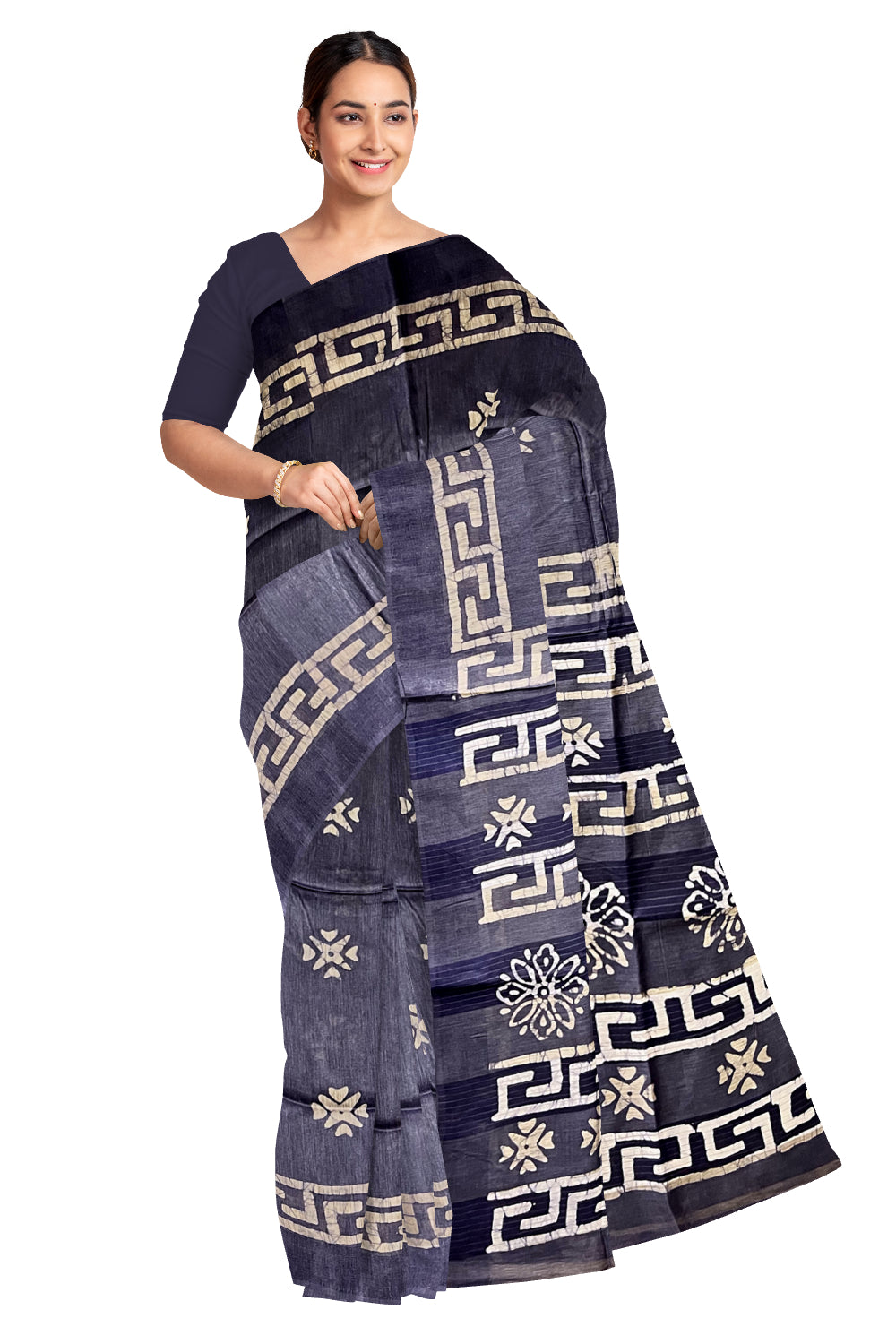 Southloom Cotton Navy Blue Saree with Baswara Prints on Body and Pallu