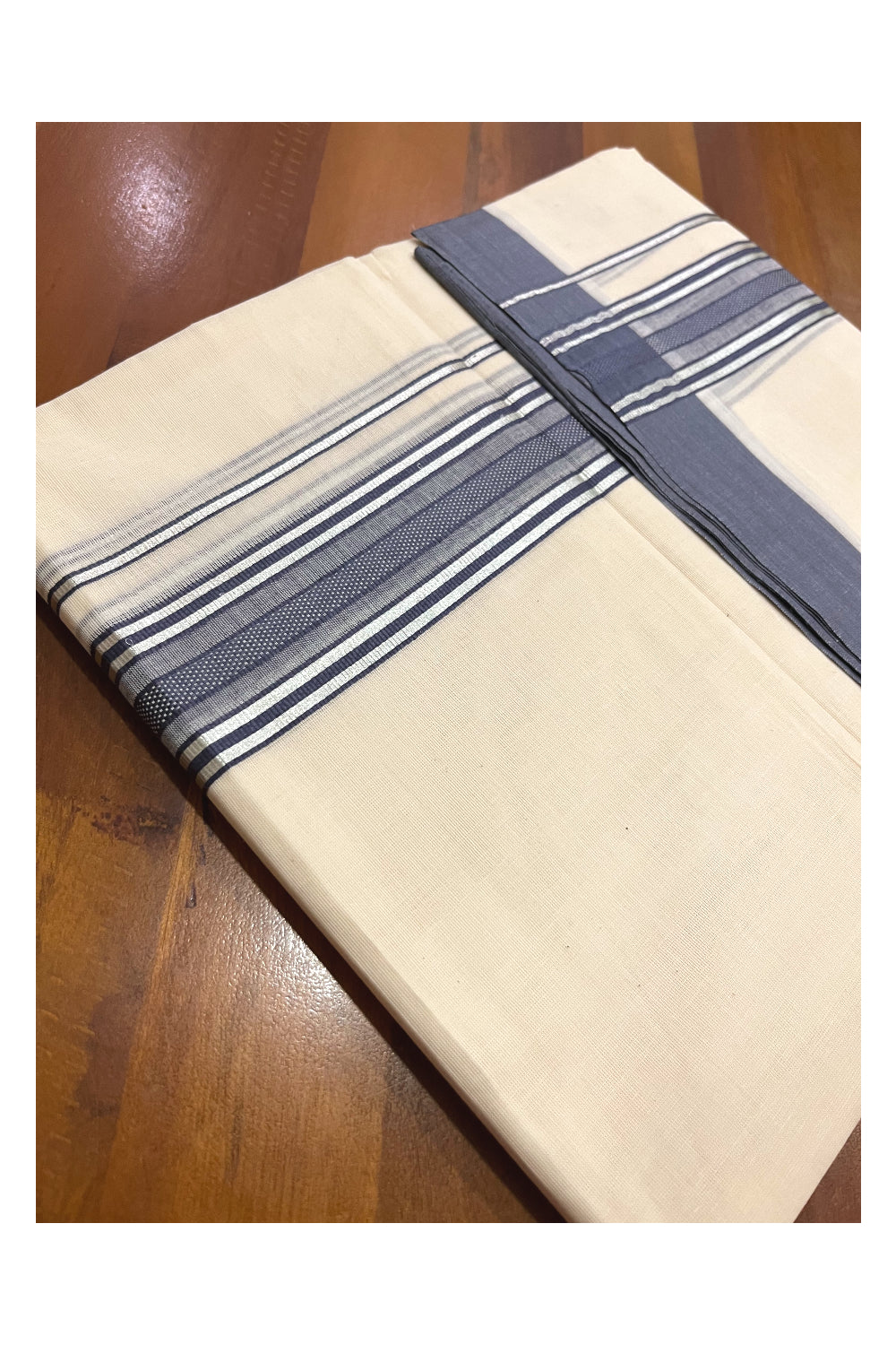 Pure Cotton 100x100 Double Mundu with Silver Kasavu and Greyish Blue Kara (Onam Mundu 2023)