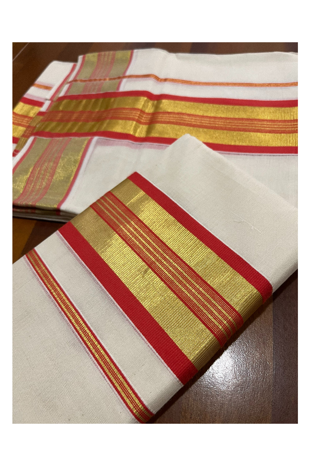 Pure Cotton Kerala Onam 2023 Set Mundu (Mundum Neriyathum) Single with Orange and Kasavu Border 2.80 Mtrs