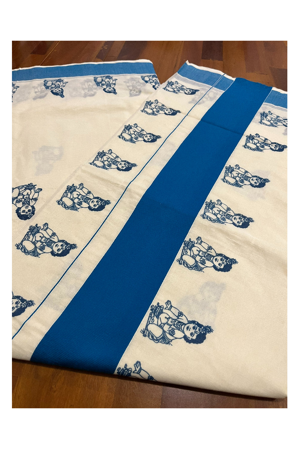 Pure Cotton Kerala Saree with Blue Krishna Block Printed Border (Onam Saree 2023)