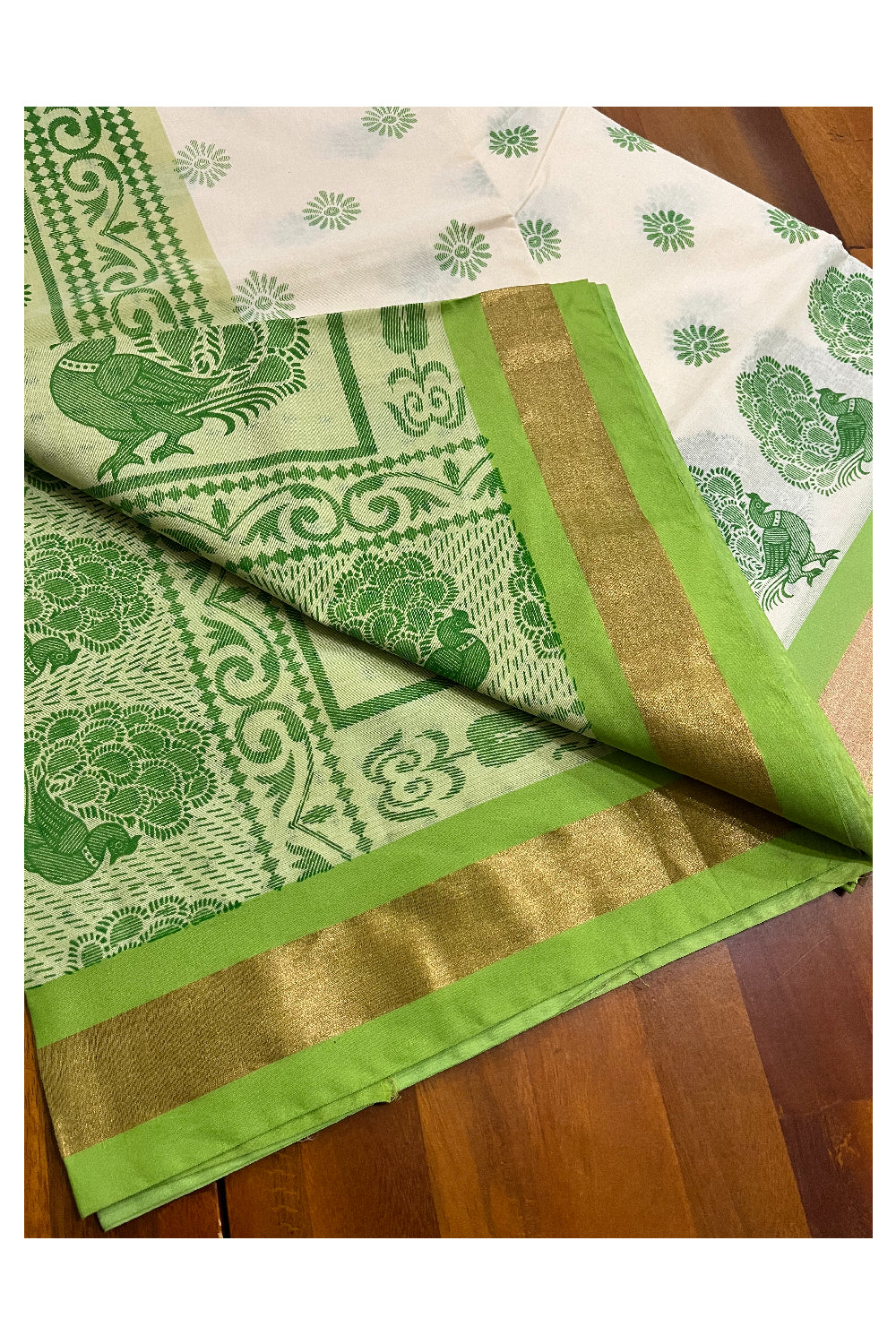 Pure Cotton Kerala Saree with Light Green Block Print Designs and Kasavu Border (Vishu 2024 Collection)