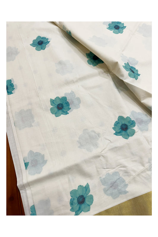 Southloom Exclusive Onam Kasavu Saree with Small Turquoise Floral High Quality Digital Print Across Body (Matching Printed Blouse Included)