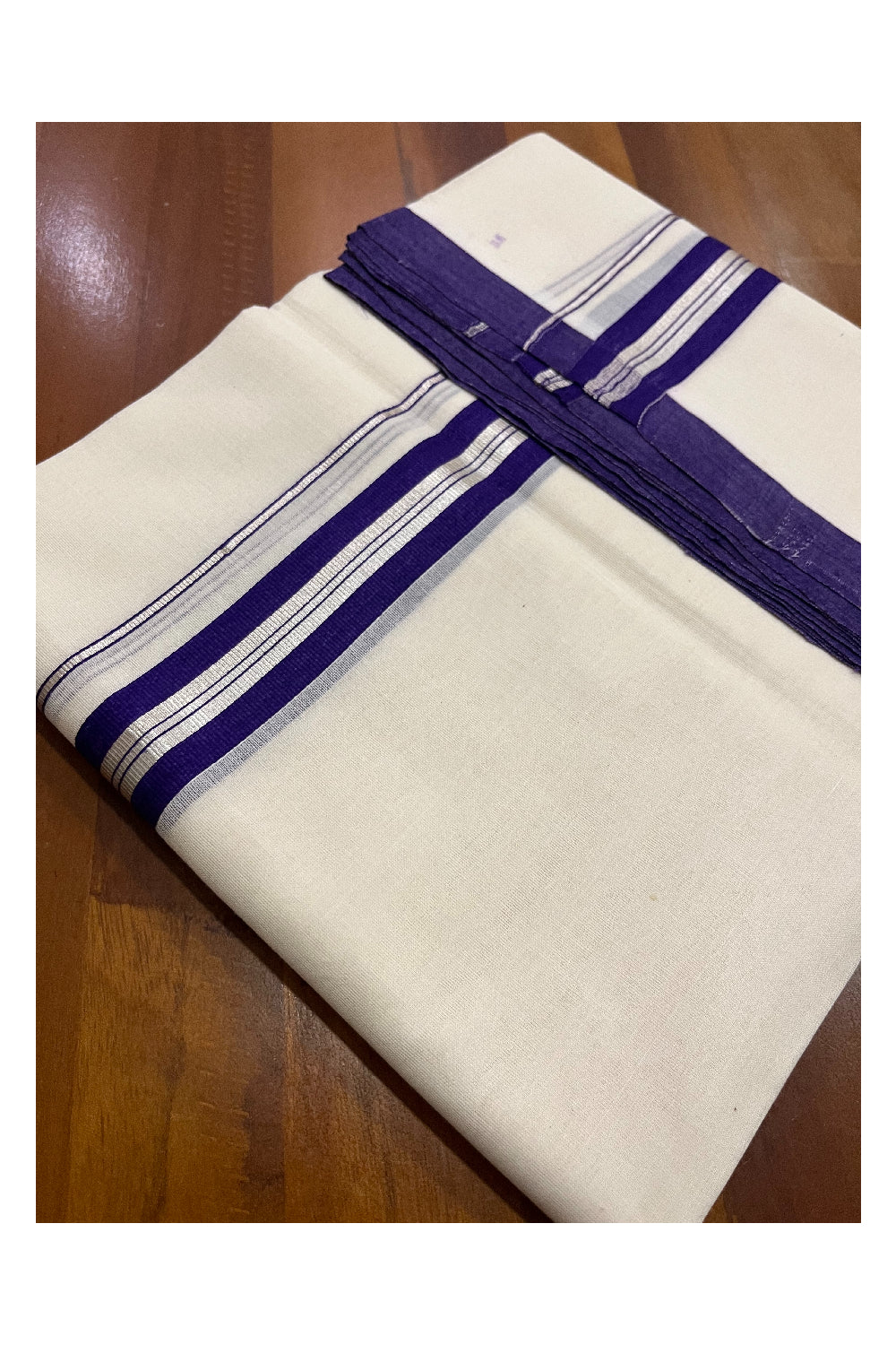 Southloom Premium Balaramapuram Unakkupaavu Handloom Mundu with Violet and Silver Kasavu Border (South Indian Kerala Dhoti)