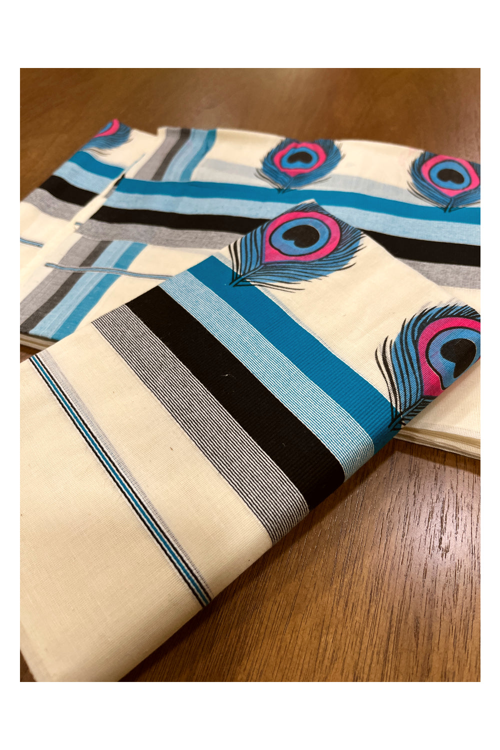 Kerala Cotton Set Mundu (Mundum Neriyathum) with Feather Block Prints on Blue and Black Border