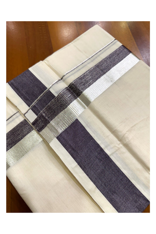 Kerala Pure Cotton Off White Double Mundu with Silver Kasavu And Violet Kara (South Indian Kerala Dhoti)