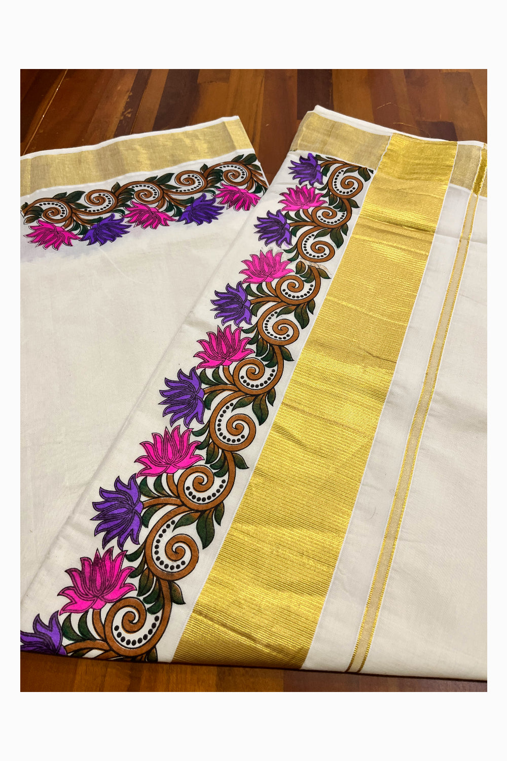 Pure Cotton Kerala Kasavu Saree with Violet And Pink Floral Block Prints with Kasavu Border (Vishu 2024 Collection)