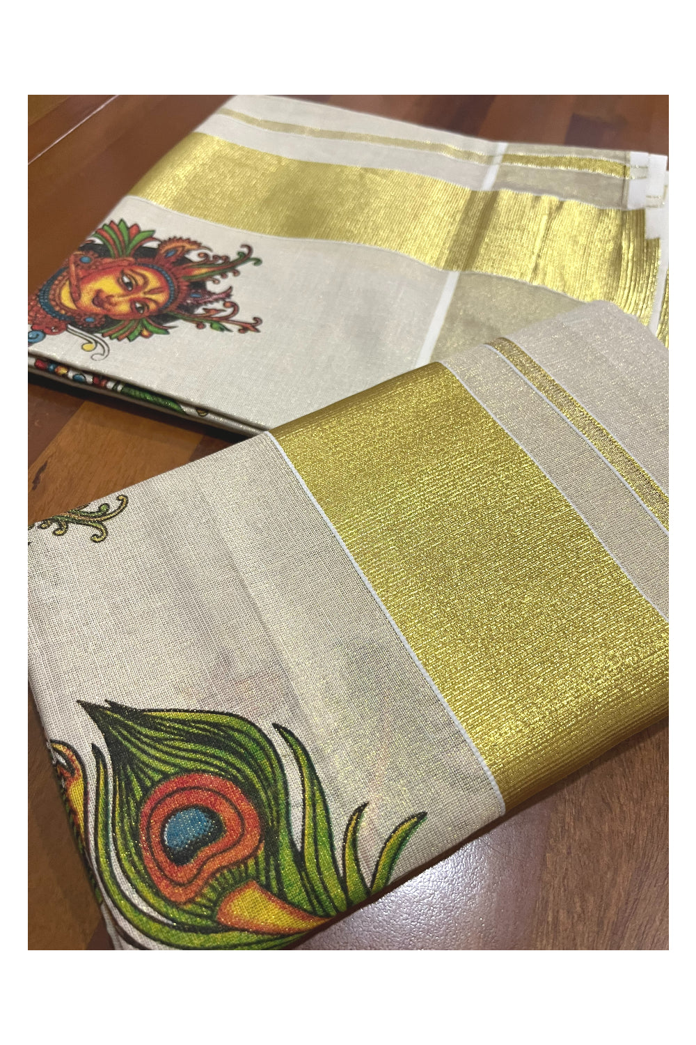 Kerala Tissue Kasavu Set Mundu (Mundum Neriyathum) with Krishna Mural Printed Design (Onam Set Mundu 2023)