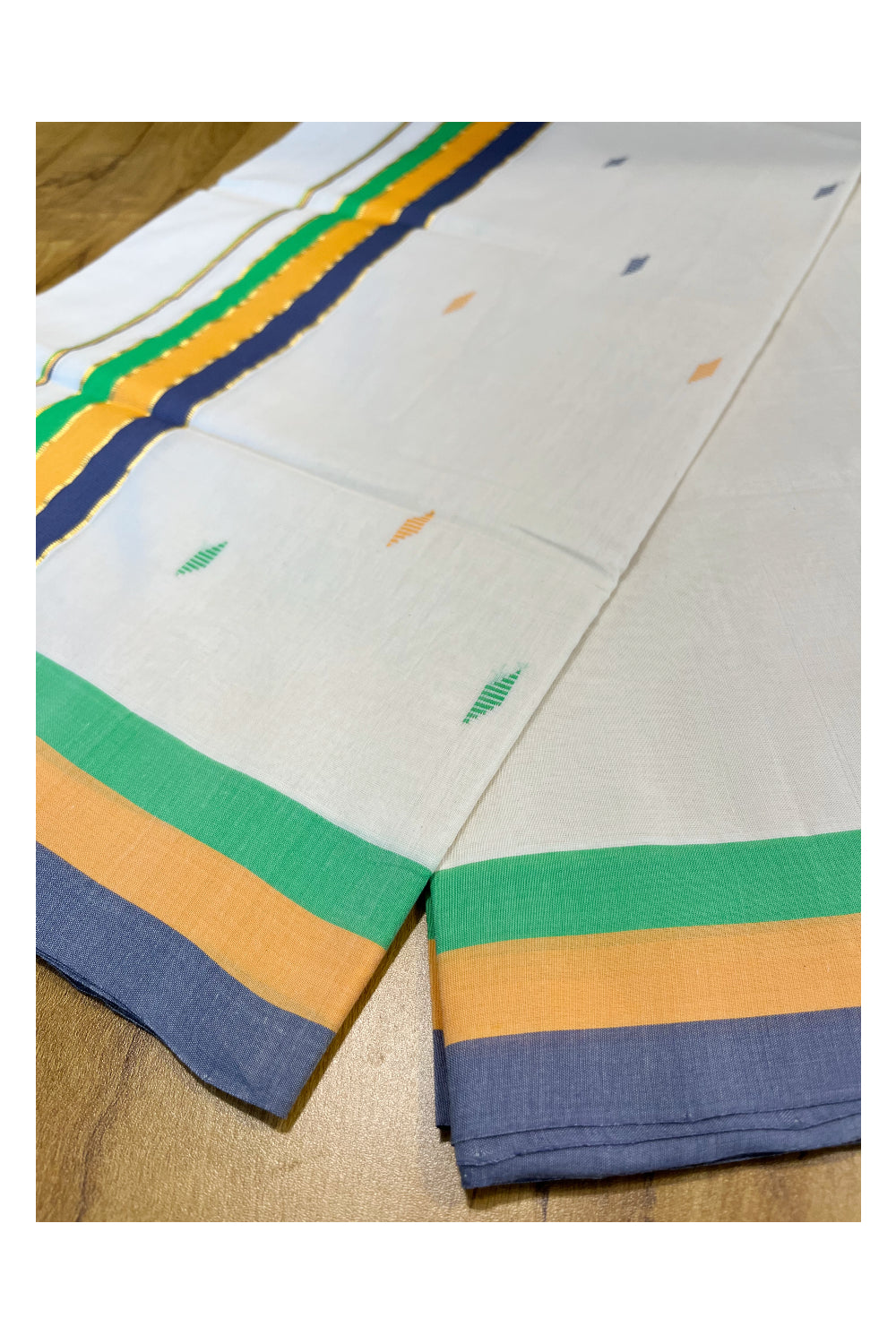 Southloom Premium Balaramapuram Unakkupaavu Handloom Cotton Butta Saree with Grey,Orange,Green and Kasavu Border