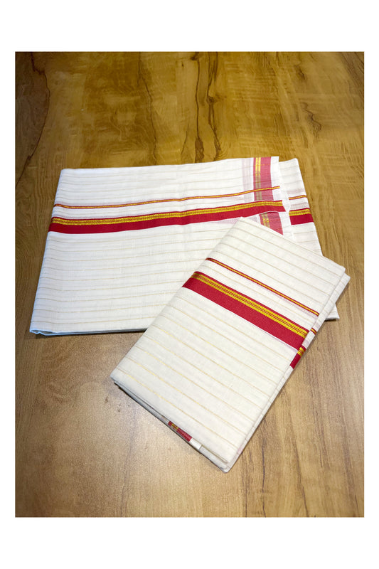 Kerala Cotton Set Mundu (Mundum Neriyathum) with Red Kasavu Lines Across Body 2.80 Mtrs