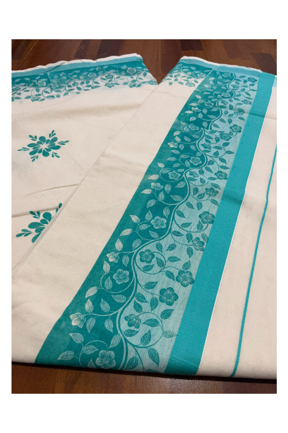 Kerala Cotton Saree with Turquoise Floral Block Prints on Border (Onam Saree 2023)