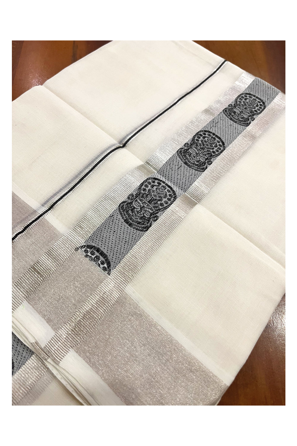 Southloom Premium Wedding Handloom Cotton Mundu with Black and Silver Kasavu Woven Border (South Indian Kerala Dhoti)