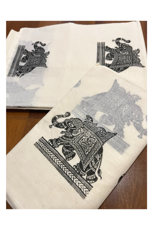 Southloom Pure Cotton Kerala Single Set Mundu with Black Elephant Block Prints
