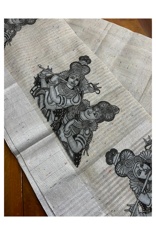 Kerala Silver Tissue Kasavu Mural Printed Krishna Radha Face Saree with Woven Patterns (Vishu 2024 Collection)