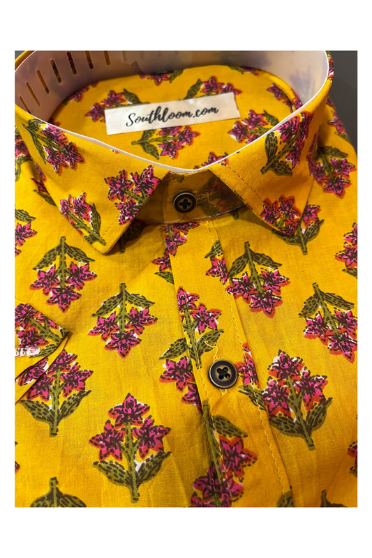 Southloom Jaipur Cotton Orange Hand Block Printed Shirt (Half Sleeves)