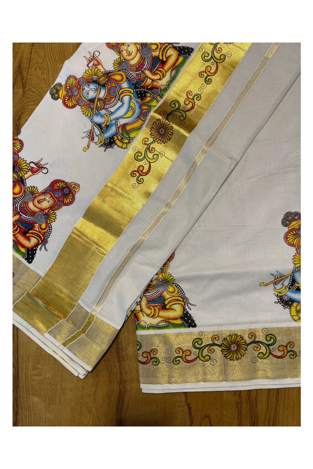 Pure Cotton Kerala Kasavu Saree with Krishna Radha Mural Printed Art Design and Printed Border