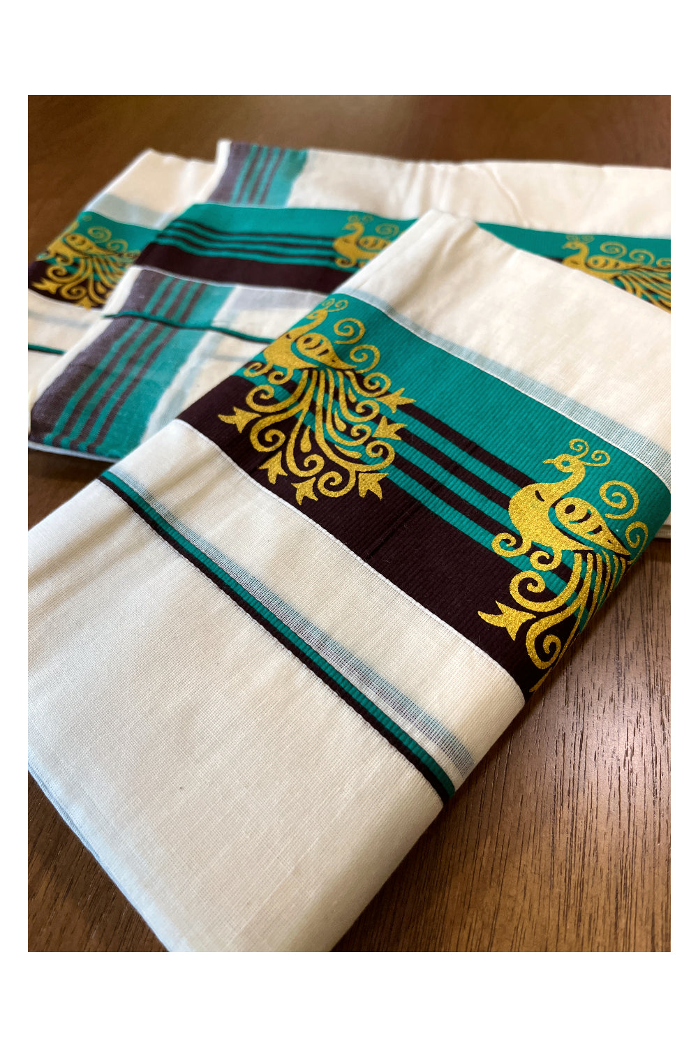 Cotton Single Set Mundu (Mundu Neriyathum) with Peacock Block Prints on Green and Brown Border