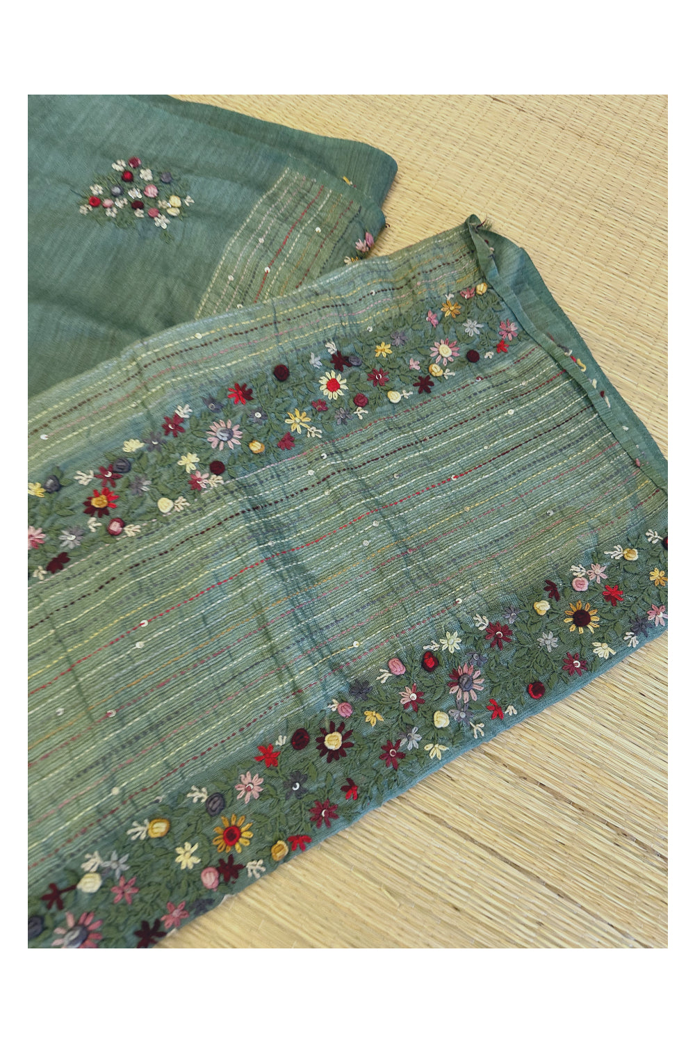 Southloom Green Linen Saree with Floral Hand Embroidered works