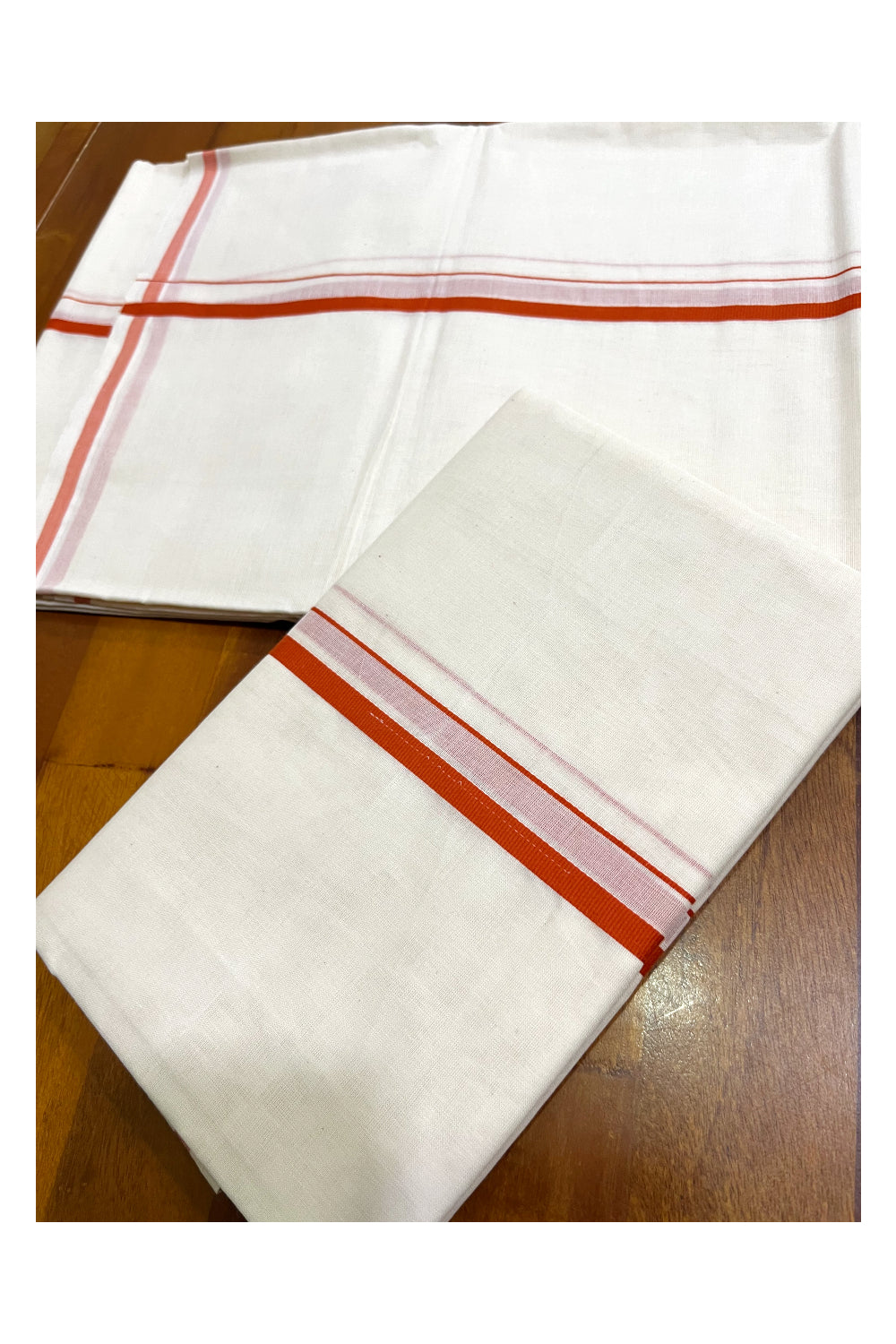 Kerala Cotton Puliyilakkara Single Set Mundu (Mundum Neriyathum) with 0.5 inch Orange Border 2.80Mtrs