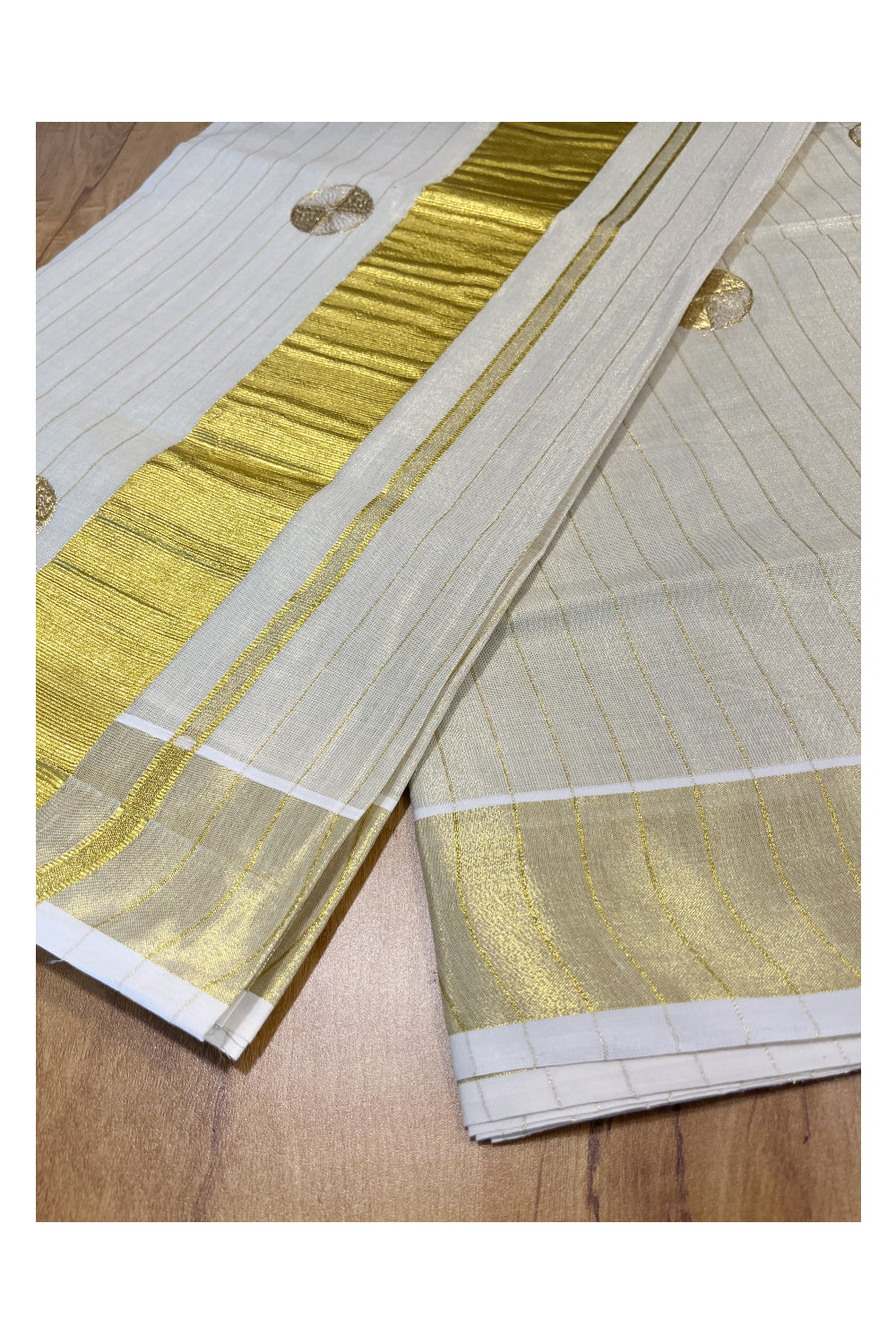 Kerala Tissue Kasavu Lines Saree with Golden  Polka works across the Body