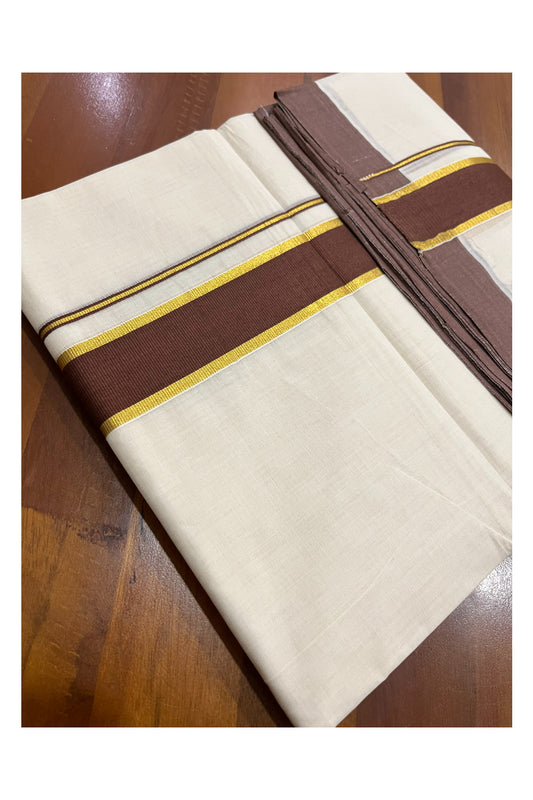 Pure Cotton 100x100 Double Mundu with Kasavu and Brown Kara (Onam Mundu 2023)