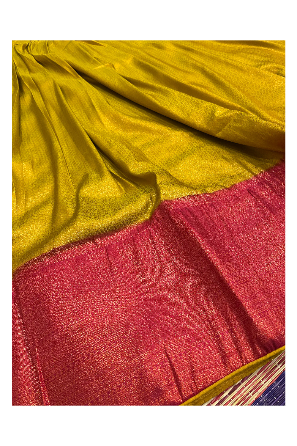 Semi Stitched Premium Semi SIlk Golden Yellow Dhavani Set with Red Neriyathu and Blouse Piece