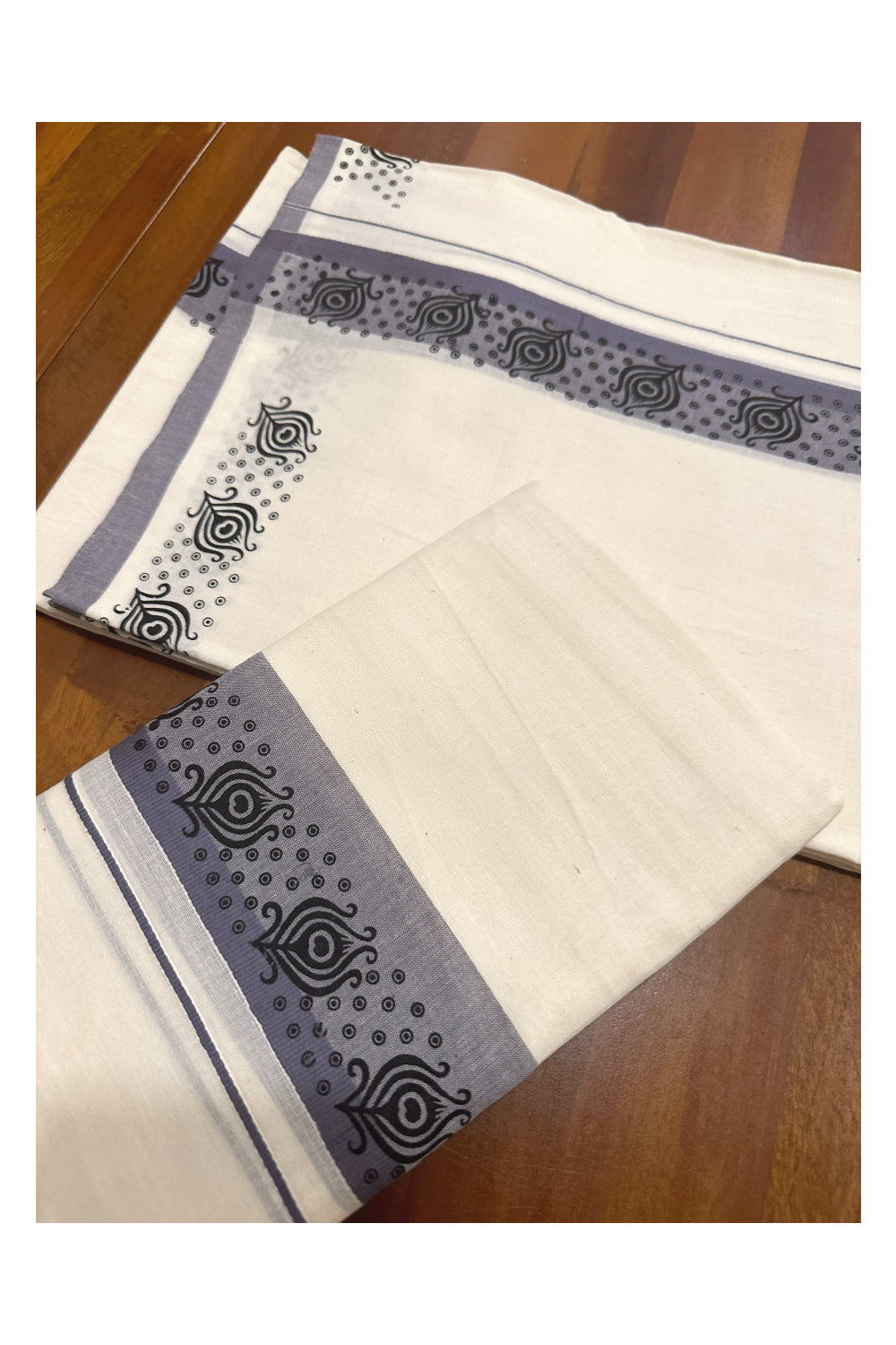 Kerala Cotton Set Mundu (Mundum Neriyathum) with Block Prints on Grey Border (Onam Set Mundu 2023)