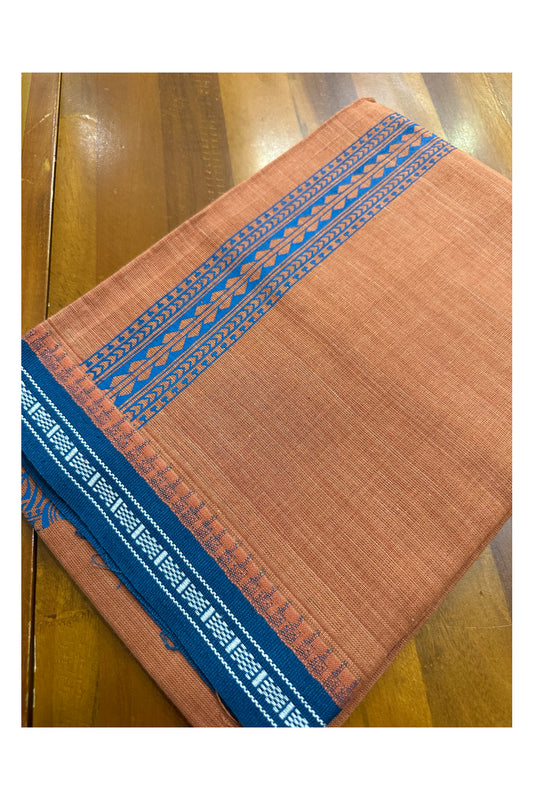 Southloom Saffron (Kaavi) Blue Printed Single Mundu / Lungi (South Indian Kerala Dhoti)