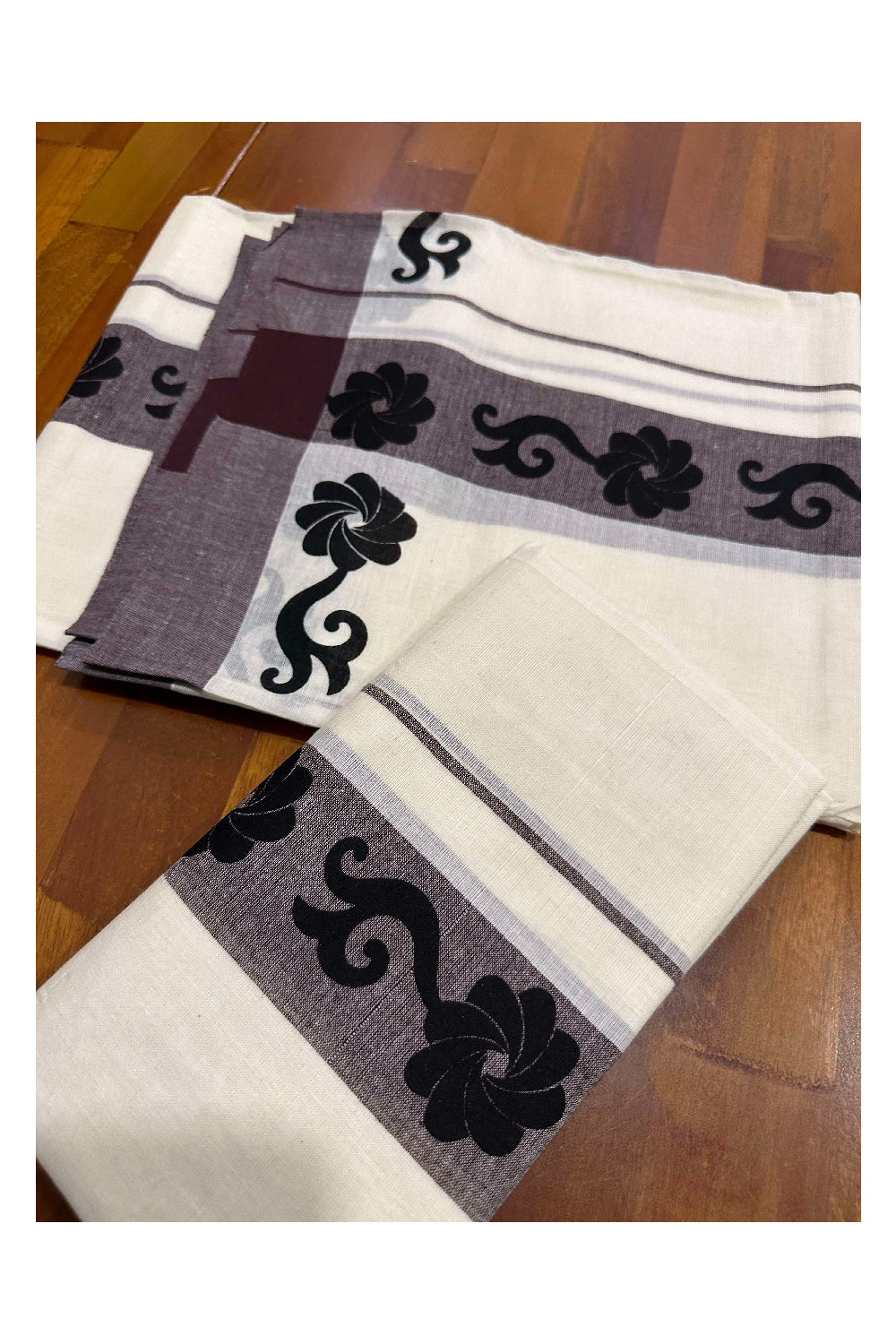 Kerala Cotton Single Set Mundu (Mundum Neriyathum) with Block Prints on Brown Border (Onam set Mundu 2023)