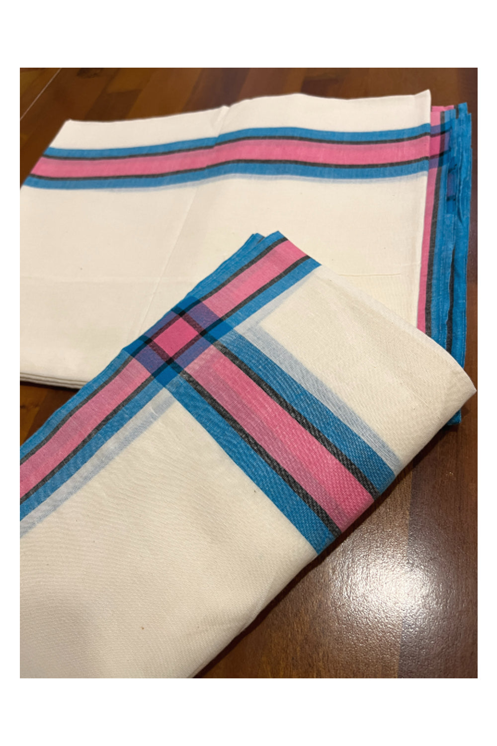 Kerala Cotton Mulloth Single Set Mundu (Mundum Neriyathum) with Blue and Pink Border (Extra Soft Cotton) 2.75 Mtrs