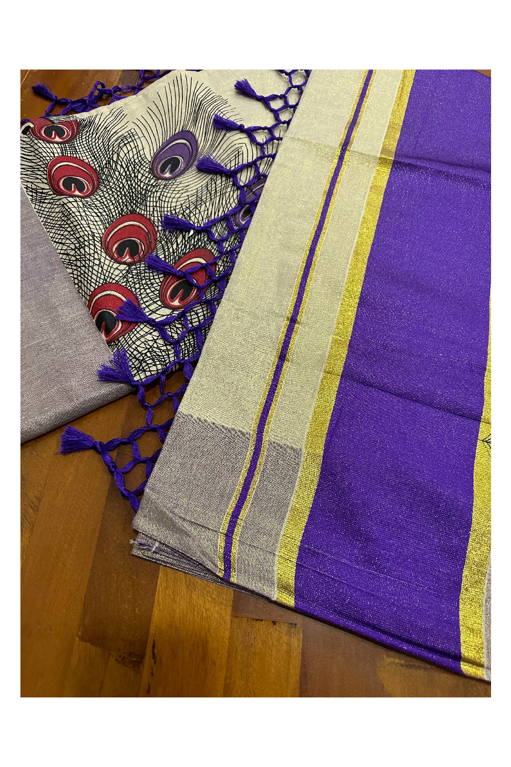 Kerala Tissue Kasavu Saree with Feather Block Prints and Violet Border (Onam Saree 2023)