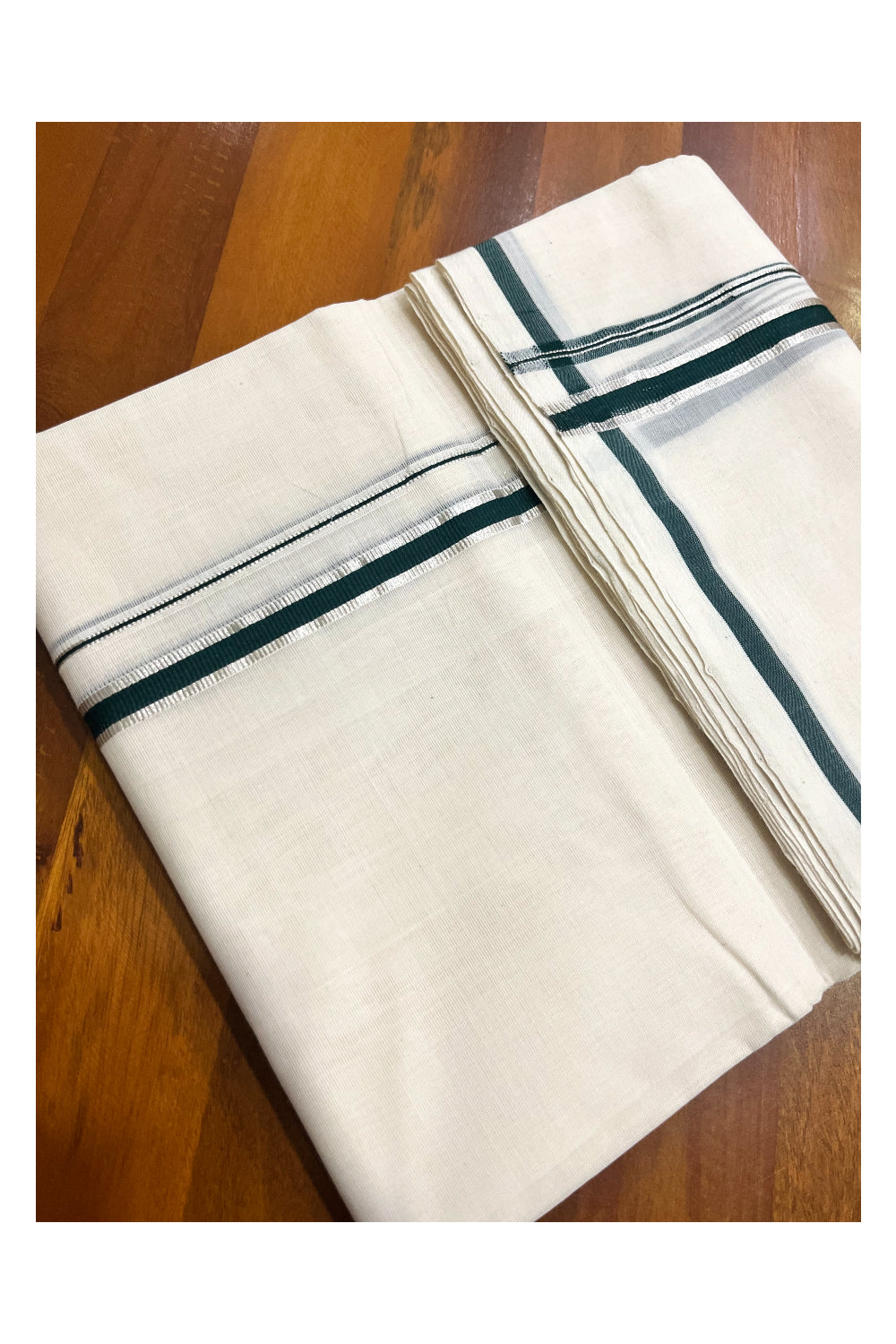 Premium Balaramapuram Handloom Pure Cotton Double Mundu with Green and Silver Puliyilakkara Kasavu Border (Vishu 2024 Collection)