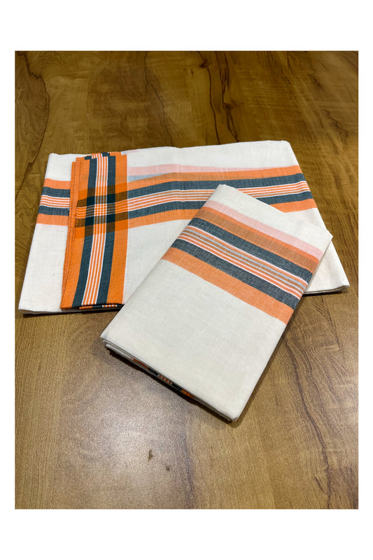 Pure Cotton Mundum Neriyathum (Set Mundu) with Orange and Green Border