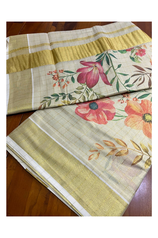 Kerala Tissue Kasavu Check Design Saree with Orange And Pink Floral Prints on Body (Vishu 2024 Collection)