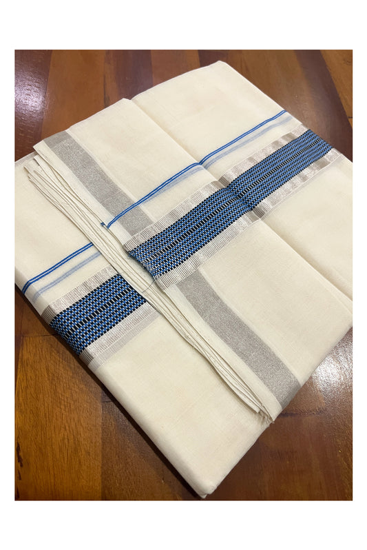 Southloom Premium Handloom Cotton Double Mundu with Silver Kasavu and Blue Woven Border (South Indian Dhoti)