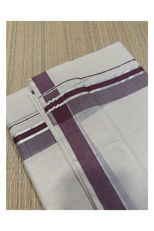 Off White Kerala Double Mundu with Silver Kasavu and Mauve Kara (South Indian Kerala Dhoti)