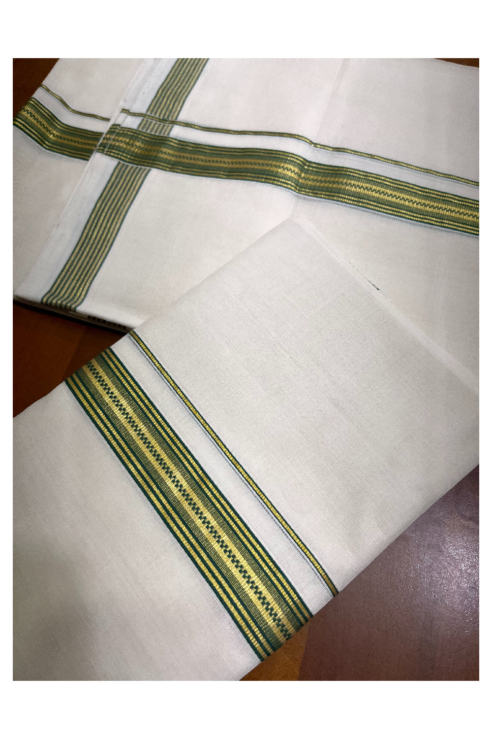 Southloom Premium Handloom Set Mundu with Kasavu and Green Border (Vishu 2024 Collection)