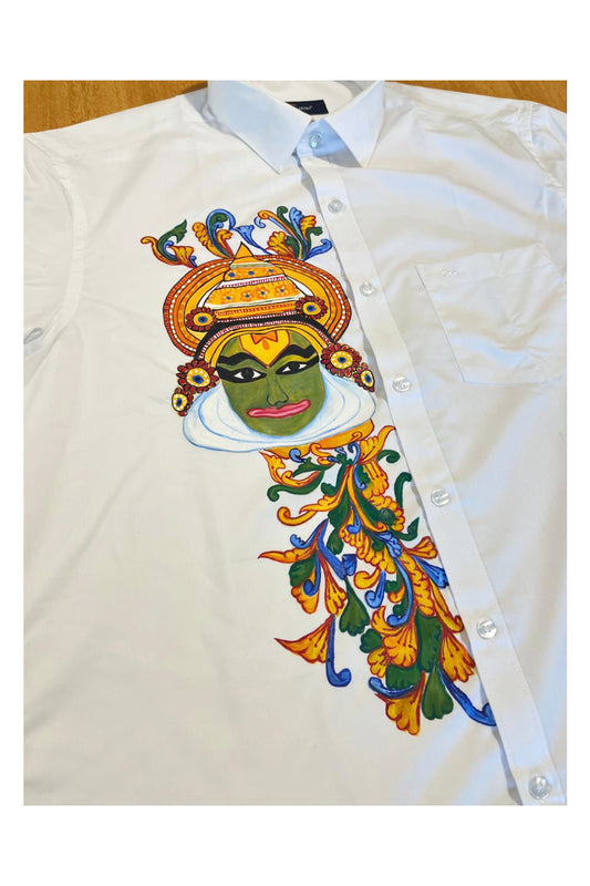 Southloom Pure White Cotton Kathakali Mural Hand Painted Shirt (40 HS)