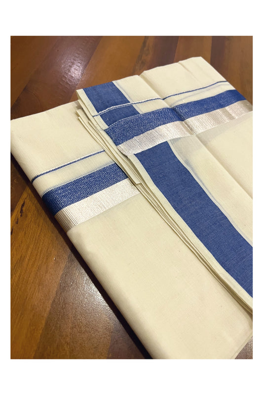 Kerala Cotton Double Mundu with Blue and Silver Kasavu Border (Onam Mundu 2023)