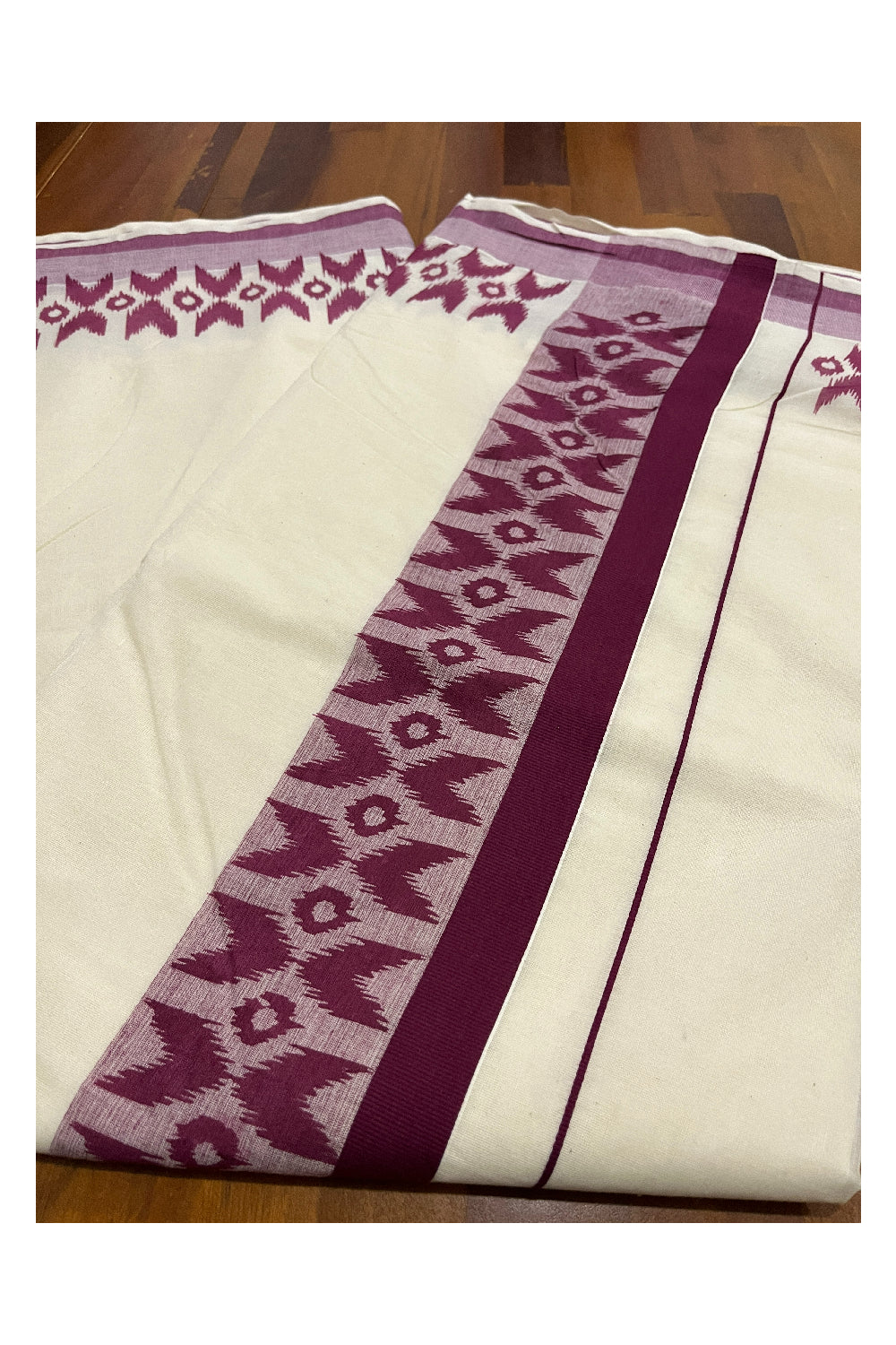 Pure Cotton Kerala Saree with Purple Block Printed Border