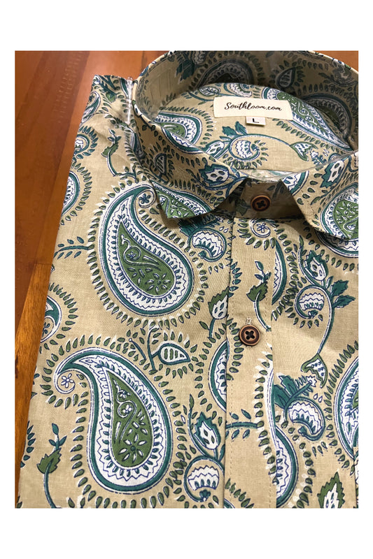 Southloom Jaipur Cotton Grey Shirt with Green Paisley Hand Block Printed Design (Full Sleeves)