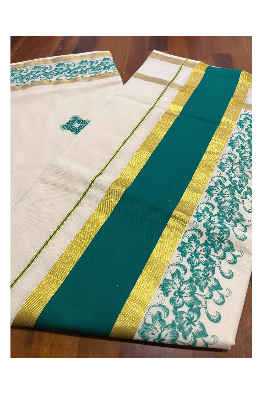 Pure Cotton Kerala Saree with Green Floral Block Printed Kasavu Border