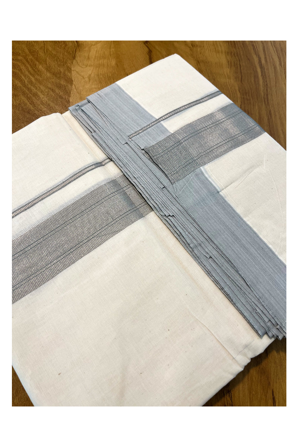 Pure Cotton Off White Double Mundu with Silver Kasavu and Grey Kara (South Indian Kerala Dhoti)